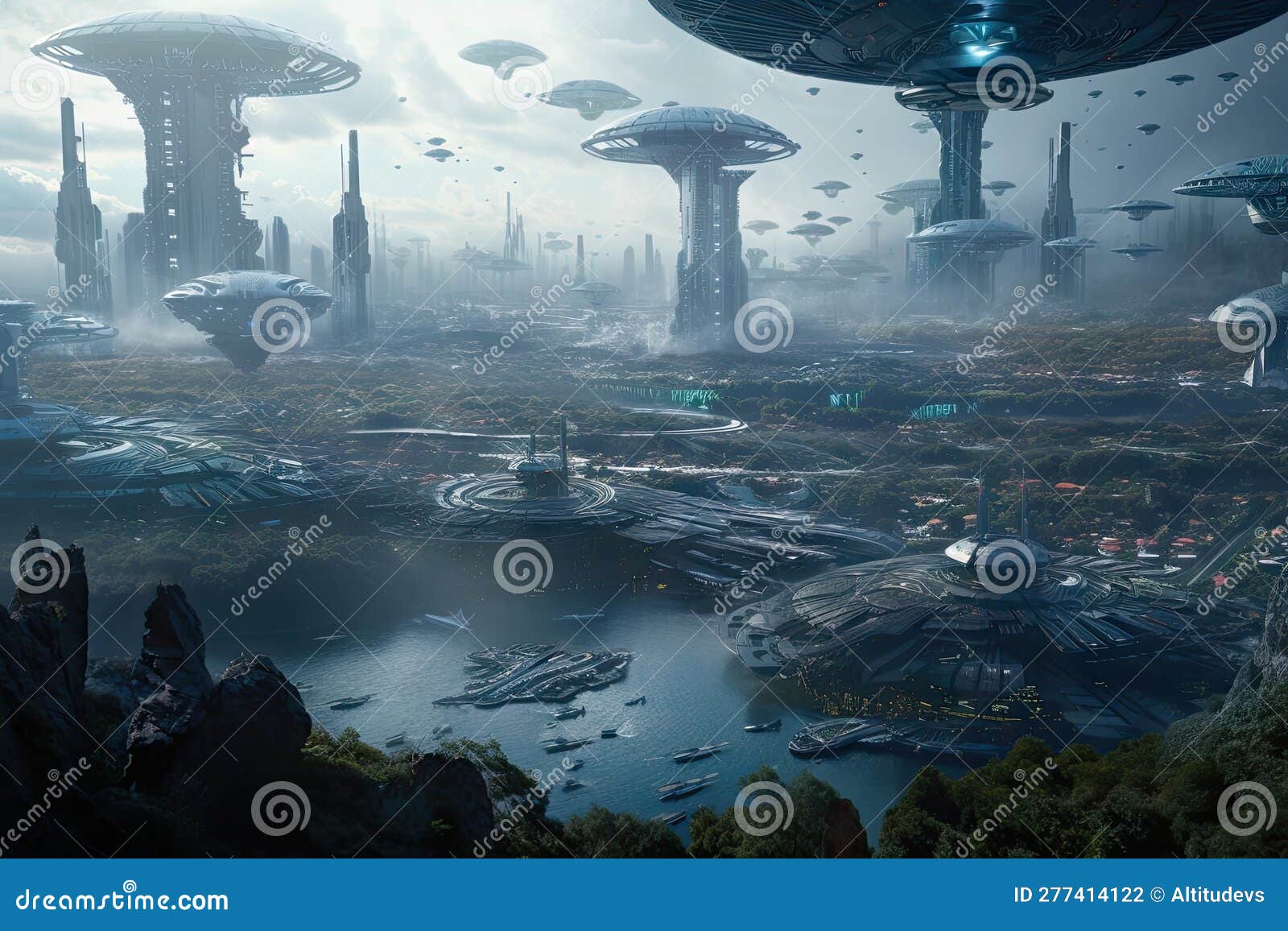 intergalactic city, with view of spaceship landing pad and alien creatures