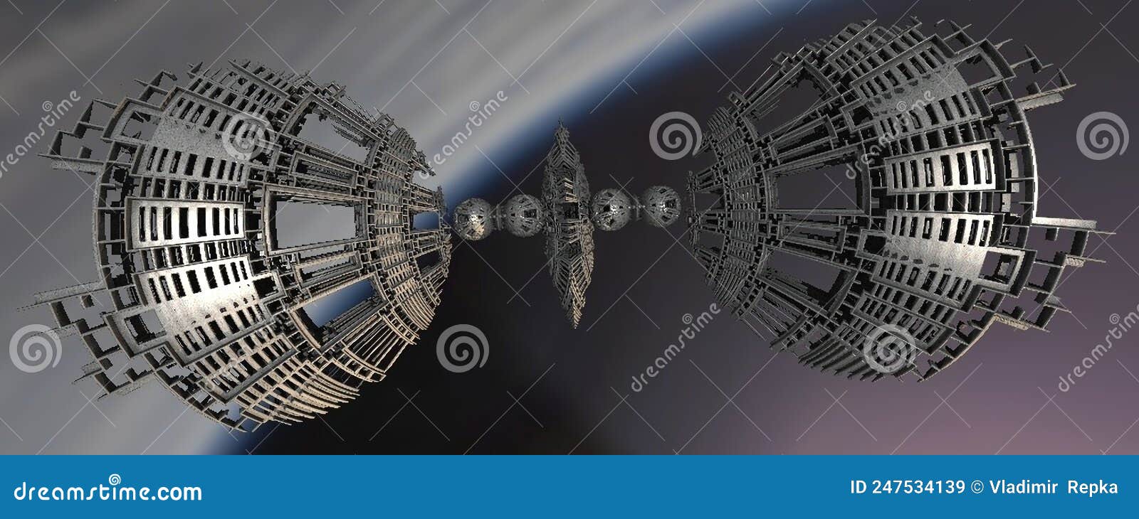intergalactic station- 3d rendered color virtual generative scene