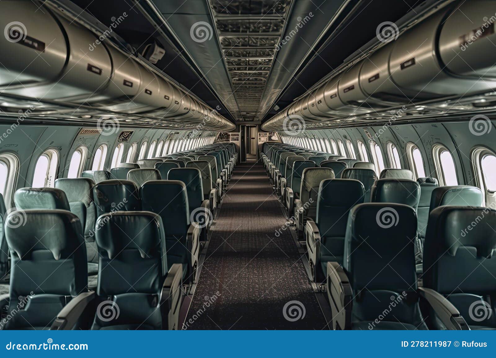 Interior of an Airplane Cabin with Comfortable Seats, Overhead