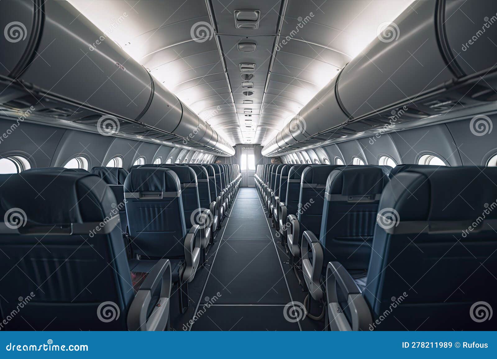 Interior of an Airplane Cabin with Comfortable Seats, Overhead