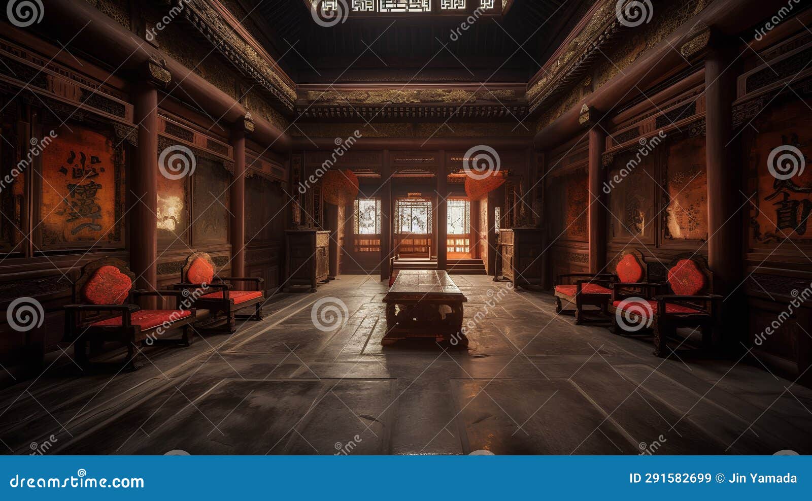 Interior of an Ancient Chinese Temple. 3D Rendering Stock Illustration