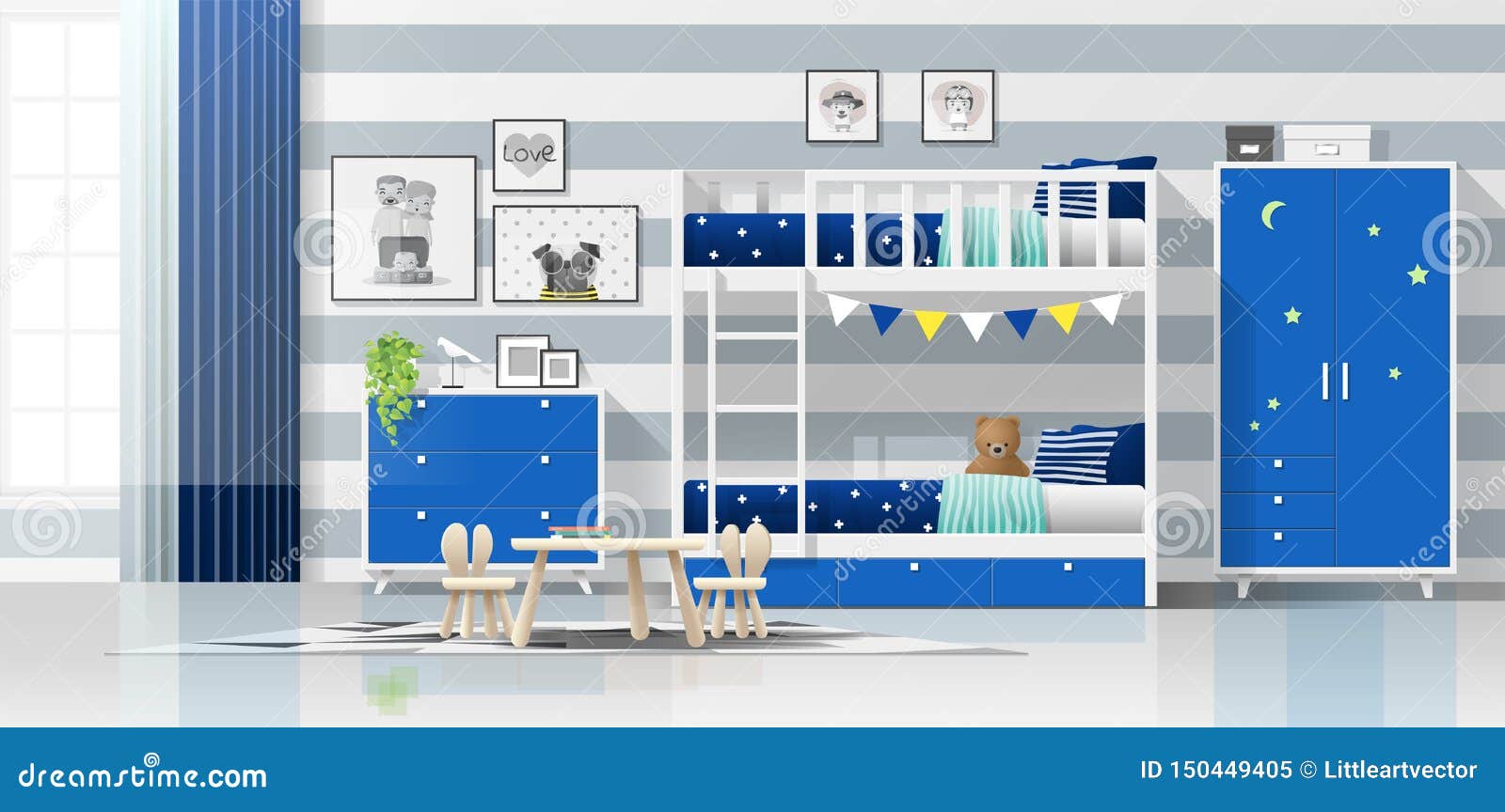 Interior Background Of Modern Blue Kids Bedroom With Bunk Bed Stock
