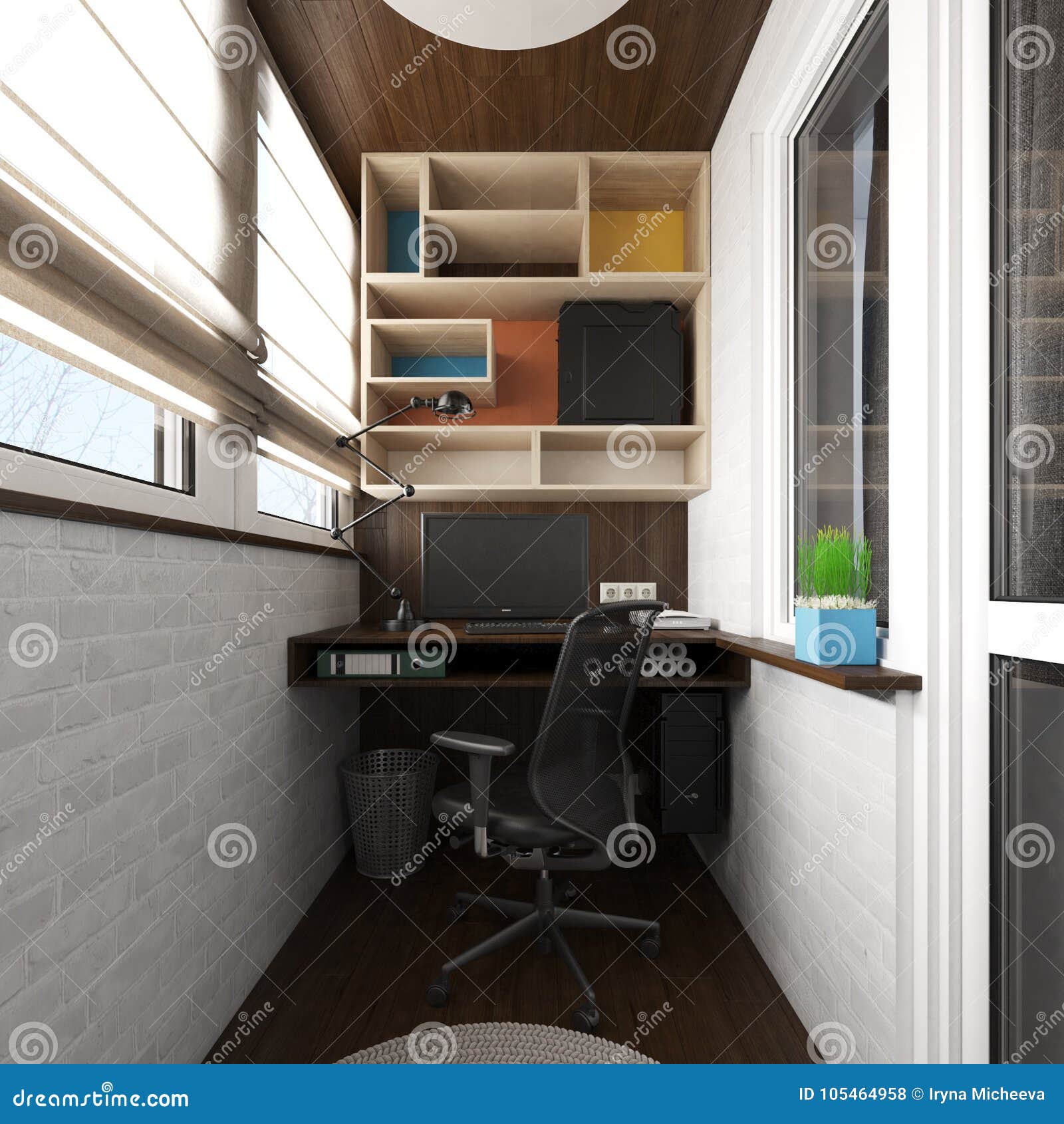 Interior Of Balcony With Home Office Area And Shelves 3d