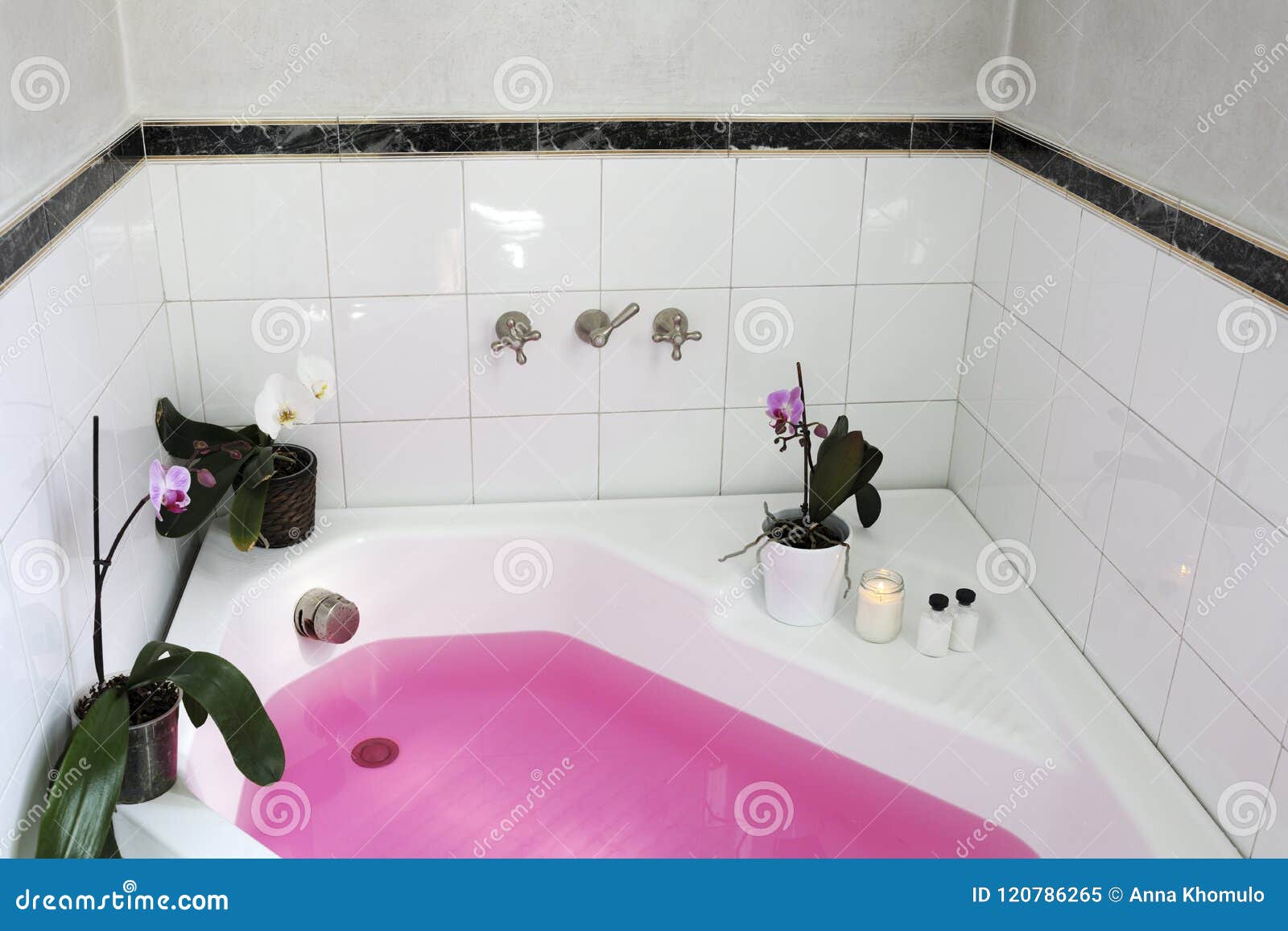 Bathtub with pink water stock image. Image of flower 120786265