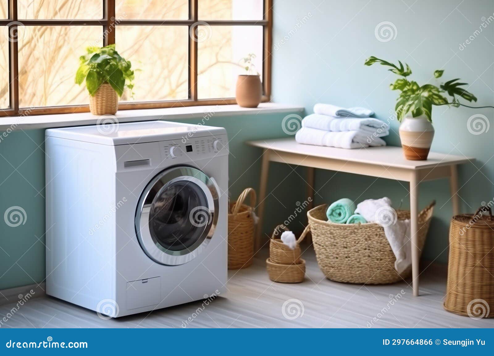 Interior of Bathroom with Modern Washing Machine. Stock Photo Image