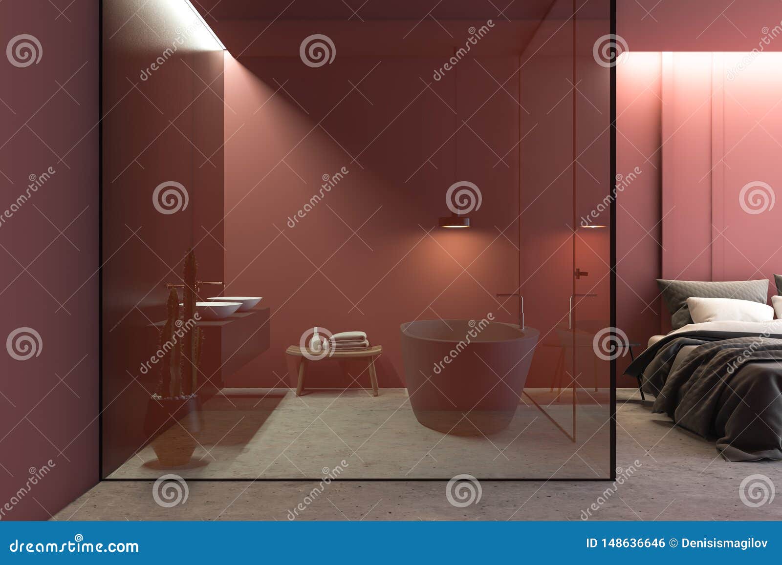 Interior Of Bathroom In Red Master Bedroom Stock