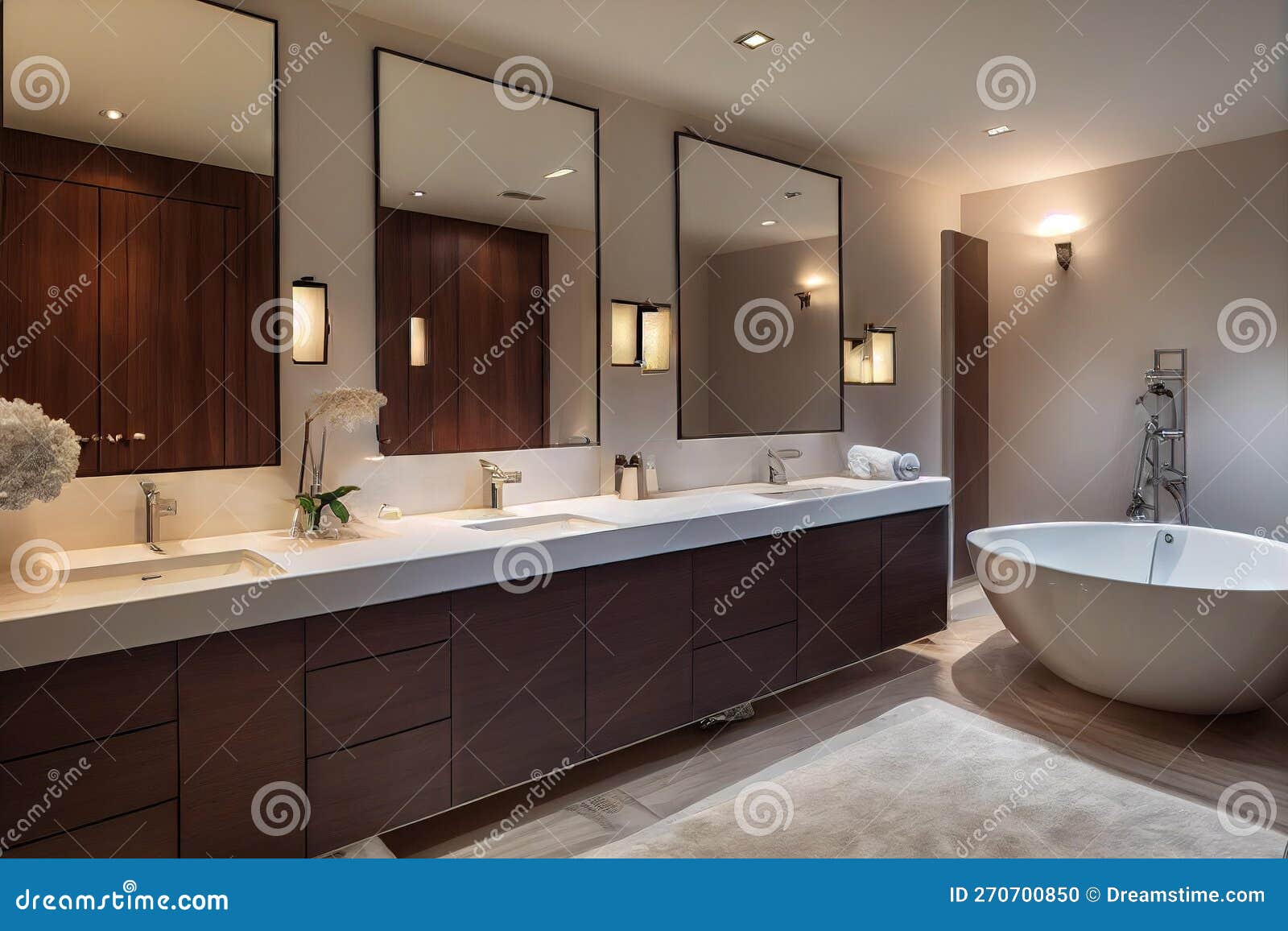 Interior of Bathroom with Three Sinks with Taps and Mirrors and Round