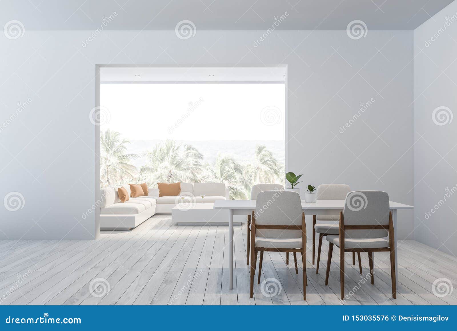 Interior Blanco Del Comedor Y De Sala De Estar Stock de ilustración - Ilustración de asiento, minimalismo: 153035576