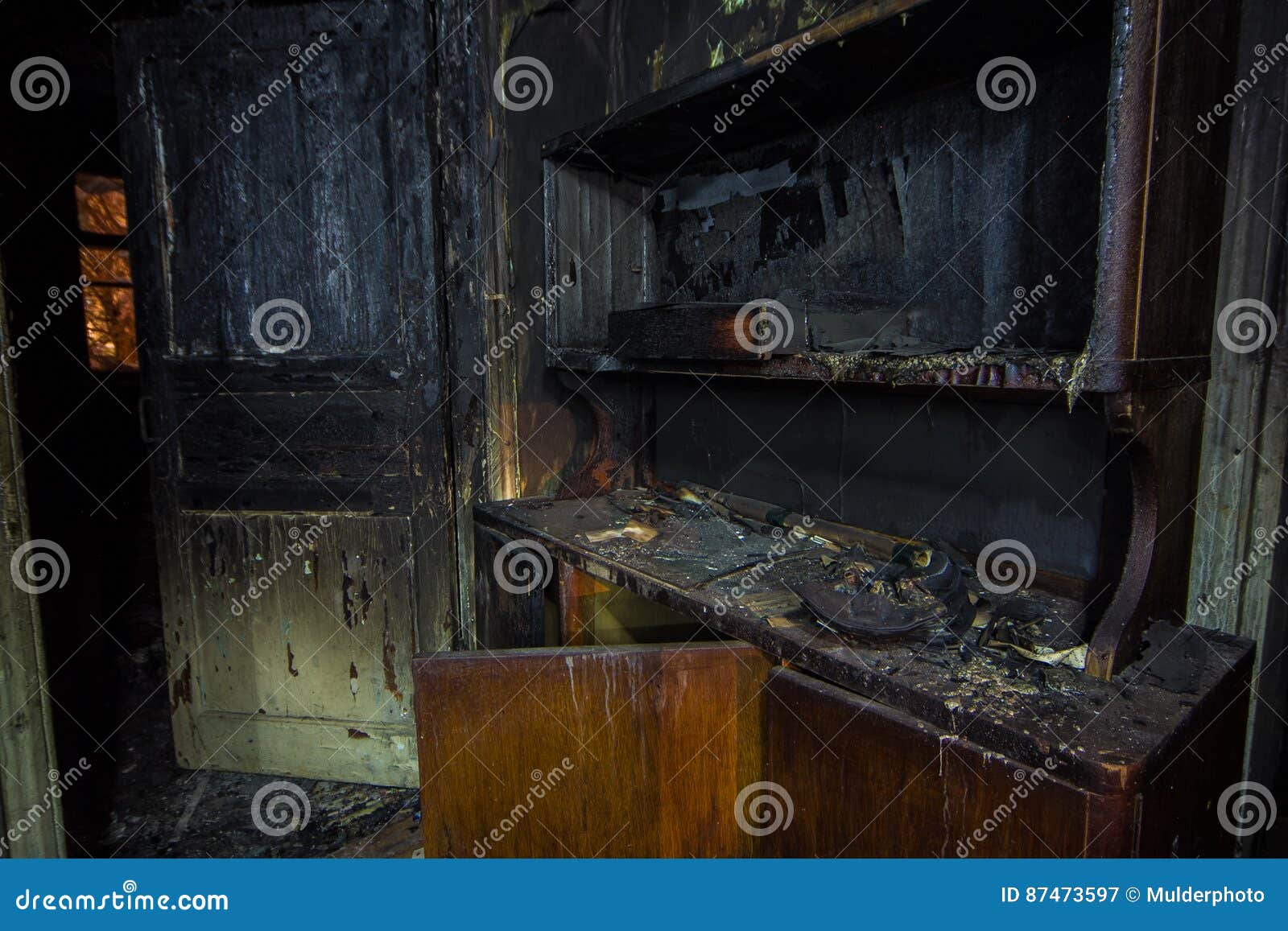 Interior of the Burned by Fire House, Burned Furniture Stock Image