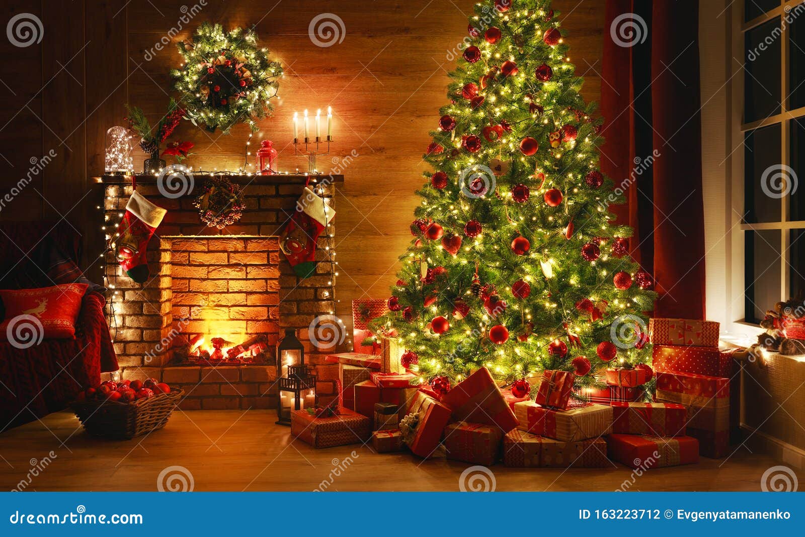 2 versions lovely place next to christmas tree and fireplace Christmas Digital background  backdrop Magical sparkles on fireplace