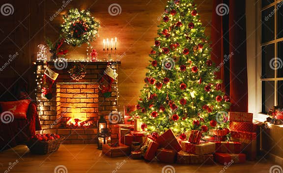 Interior Christmas. Magic Glowing Tree, Fireplace, Gifts in Dark Stock ...