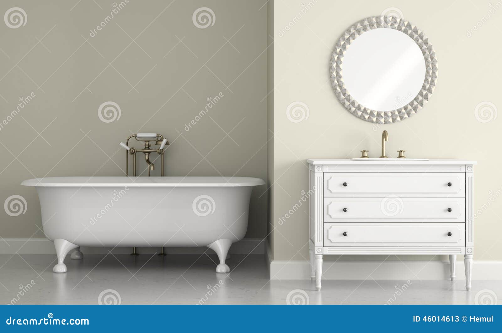 Interior of Classic Bathroom with Round Mirror 3D Rendering Stock