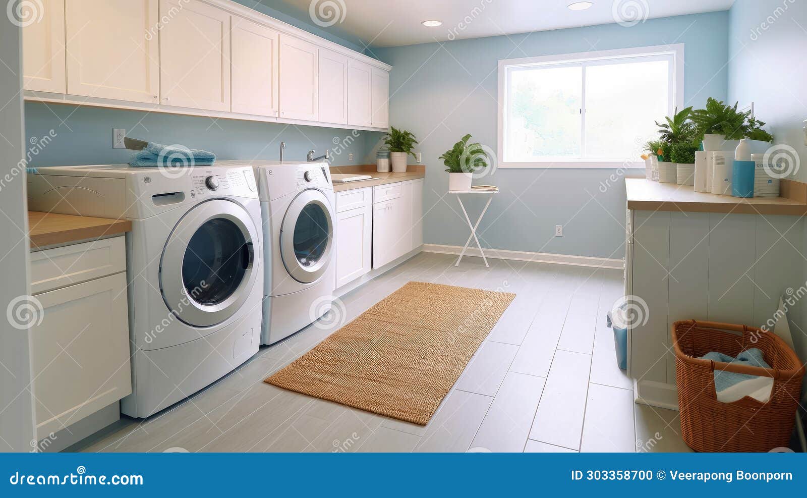Interior Clean White Laundry Room with Front Load Washer and Dryer