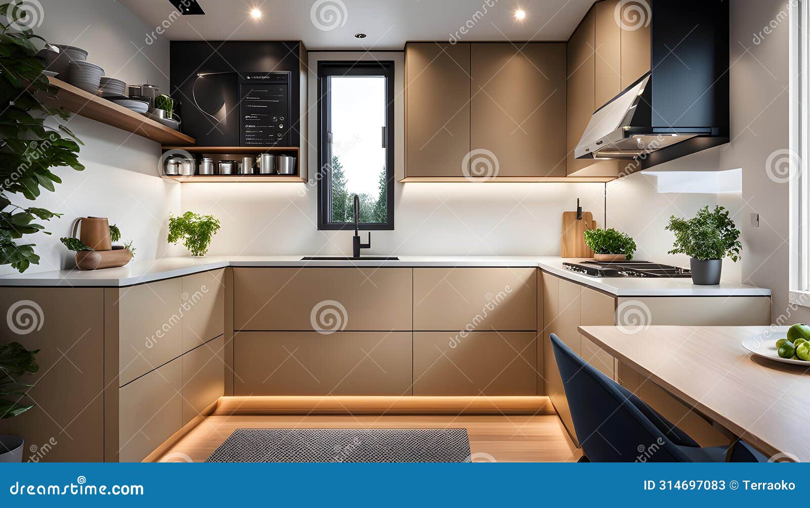 interior of a cozy and compact kitchen in a tiny house. the kitchen exudes modern elegance with clean lines, warm lighting