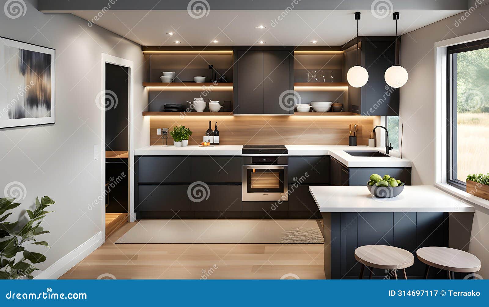 interior of a cozy and compact kitchen in a tiny house. the kitchen exudes modern elegance with clean lines, warm lighting