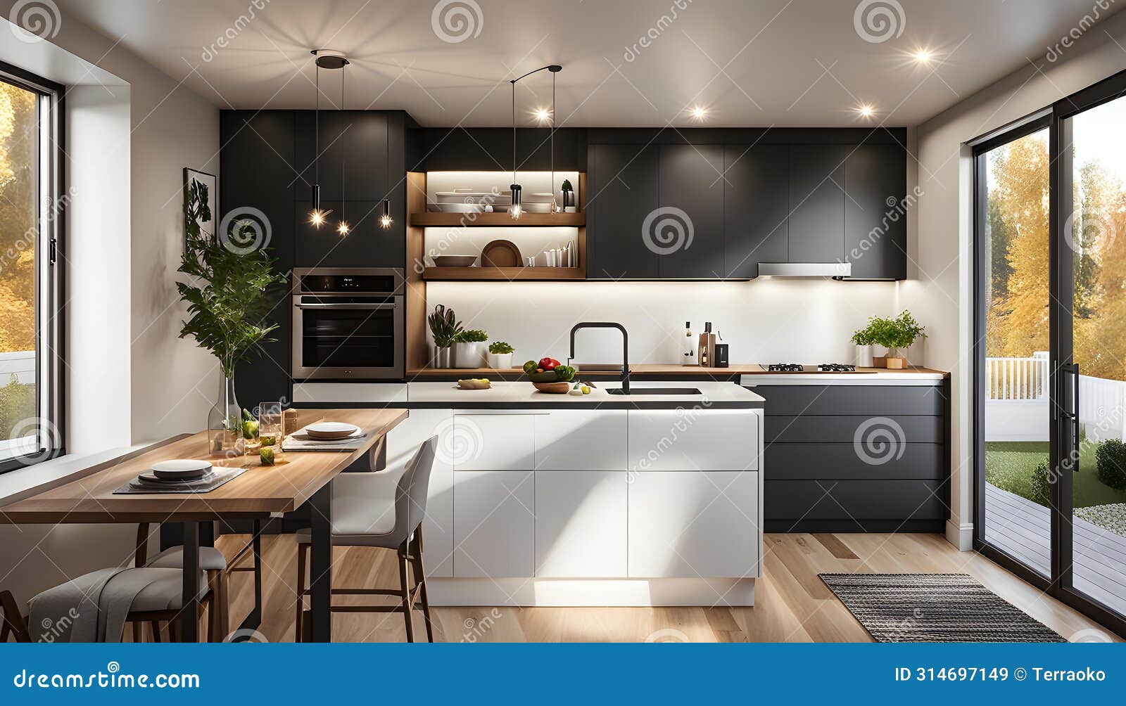 interior of a cozy and compact kitchen in a tiny house. the kitchen exudes modern elegance with clean lines, warm lighting