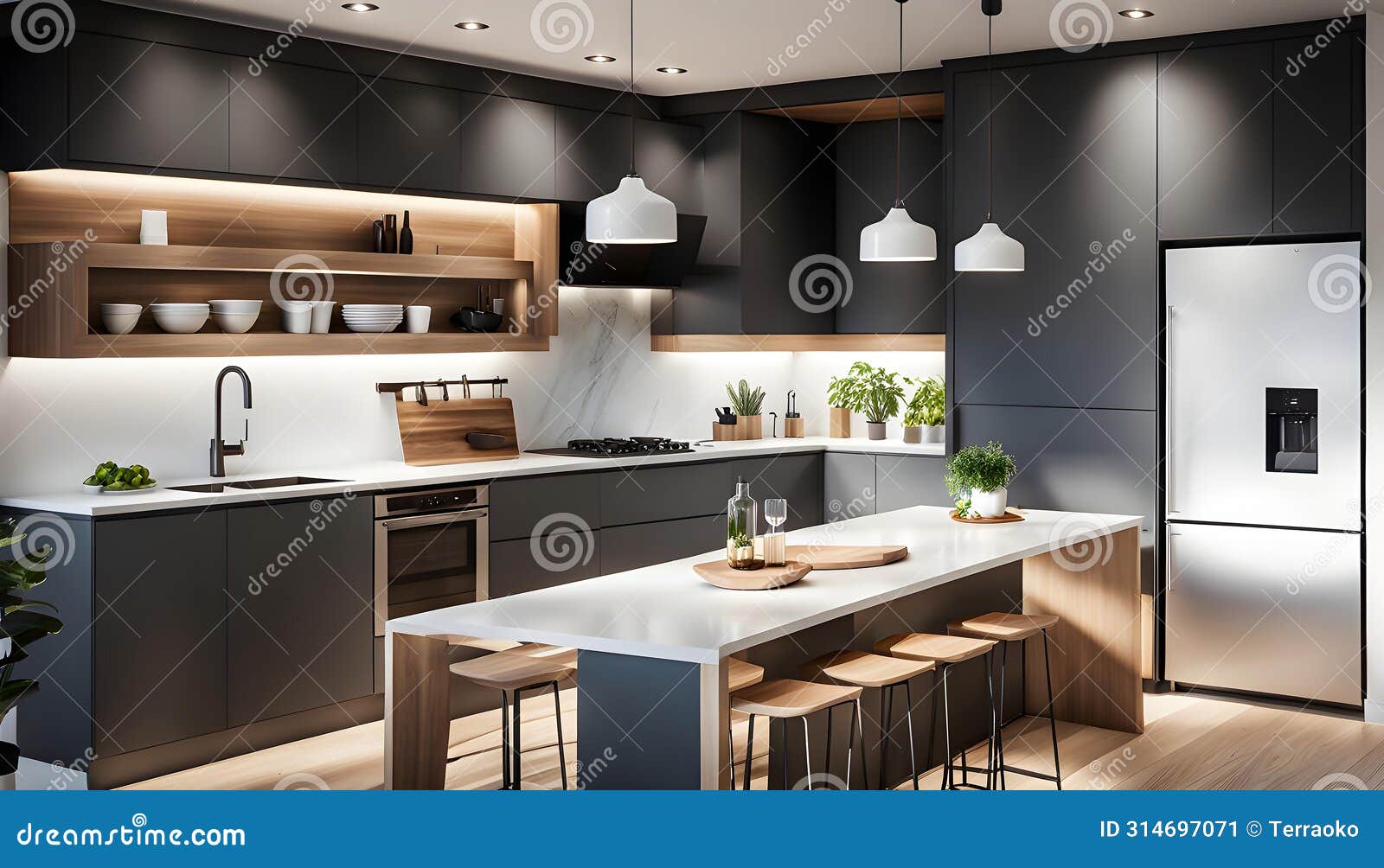 interior of a cozy and compact kitchen in a tiny house. the kitchen exudes modern elegance with clean lines, warm lighting