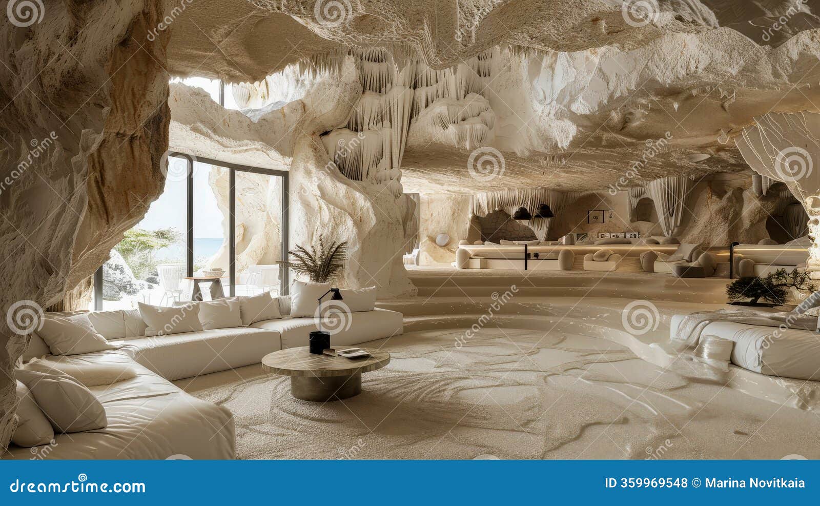 Alibaba Cave　オットマン The Interior of Cozy Hotel Room, Stylized As a Mountain Cave Stock