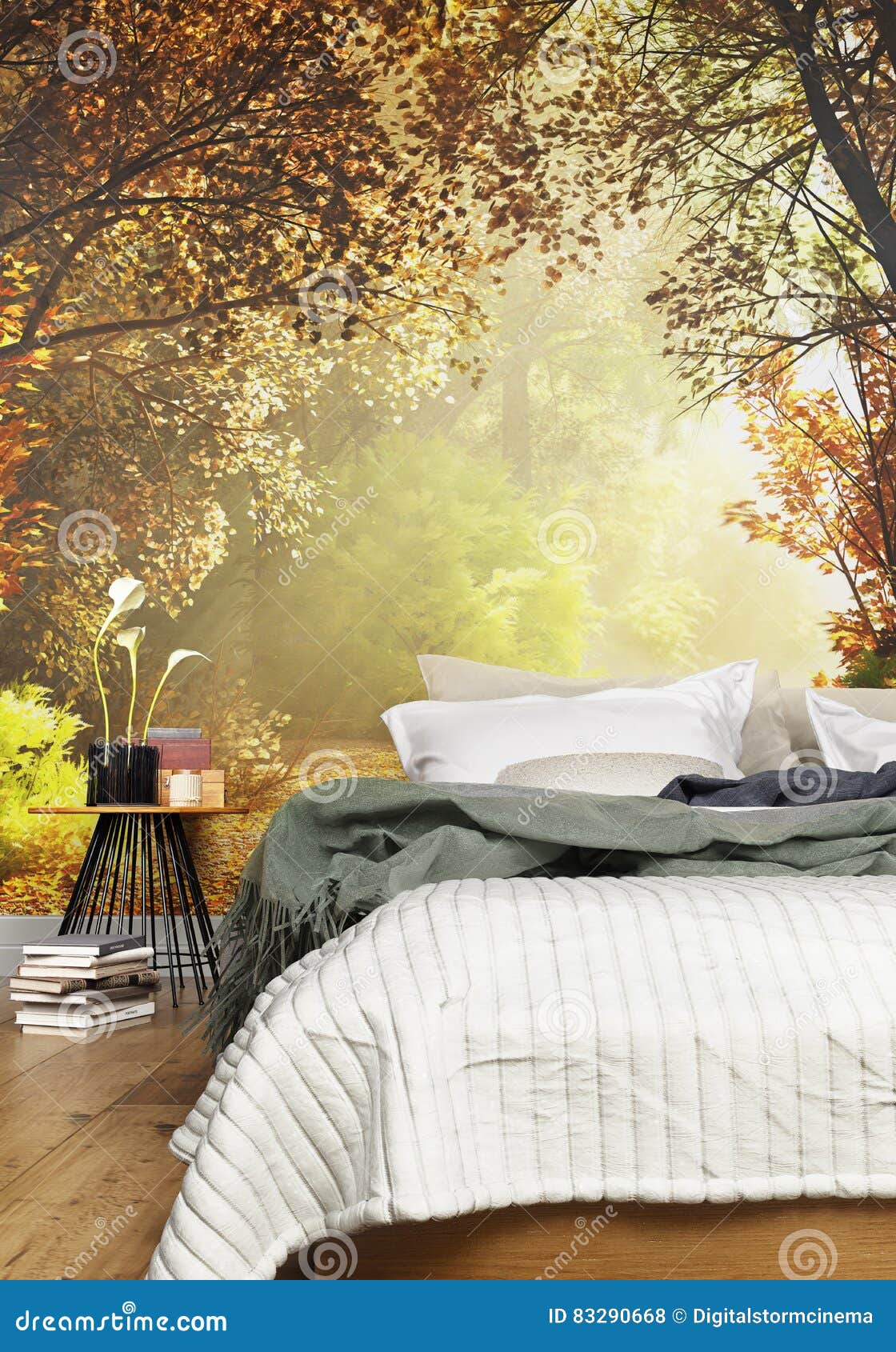Interior of a Cozy Rustic Bedroom with a Country Nature Wall Mural Background. Stock Illustration Illustration of night: 83290668
