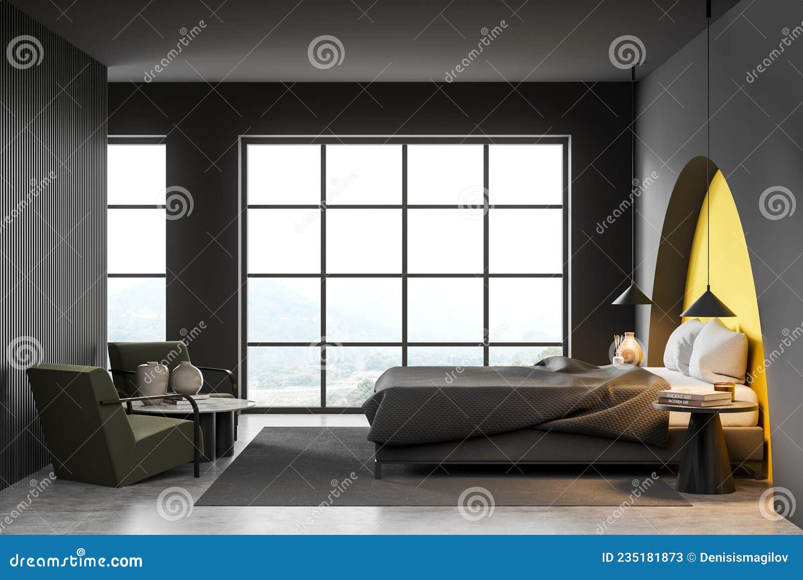 Interior De Dormitorio Oscuro Con Sillones Cama En Ventana De Alfombra Con  Campo Stock de ilustración - Ilustración de alfombra, concreto: 235181873