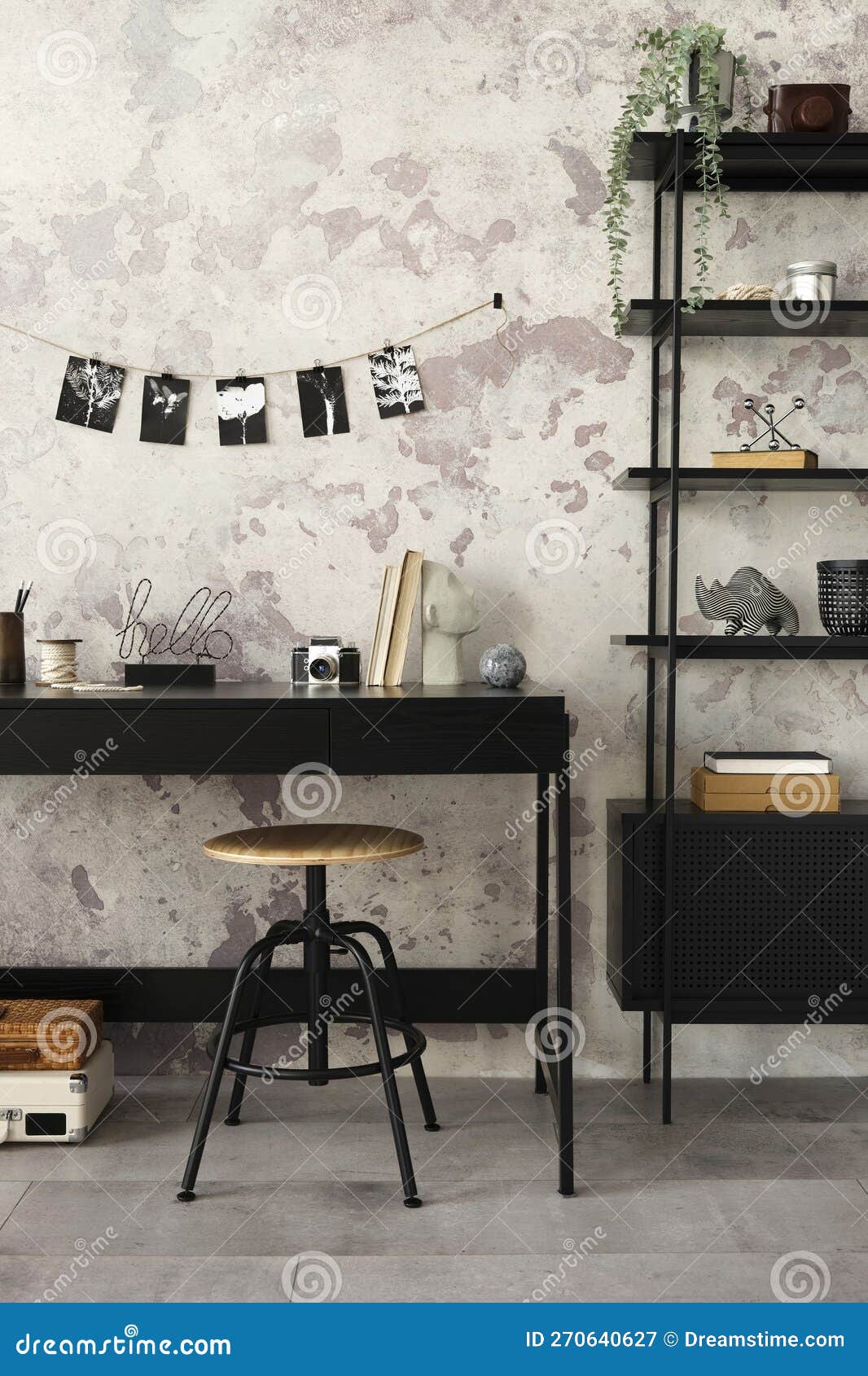 Interior De Hormigón Oficina En Casa Con Lámpara De Accesorios De Oficina  Para Escritorio Negro. Imagen de archivo - Imagen de concreto, gris:  270640627