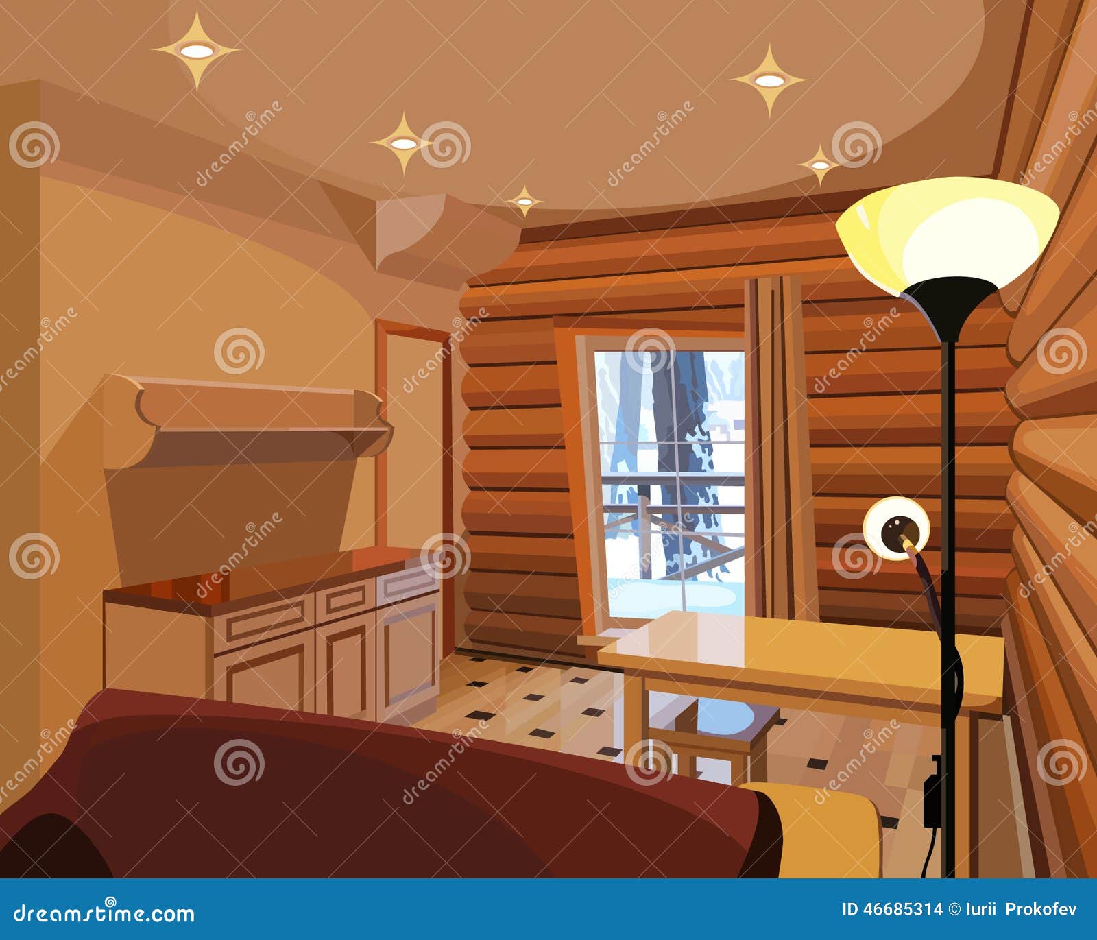 Interior De La Historieta En Una Casa De Madera Ilustración del Vector