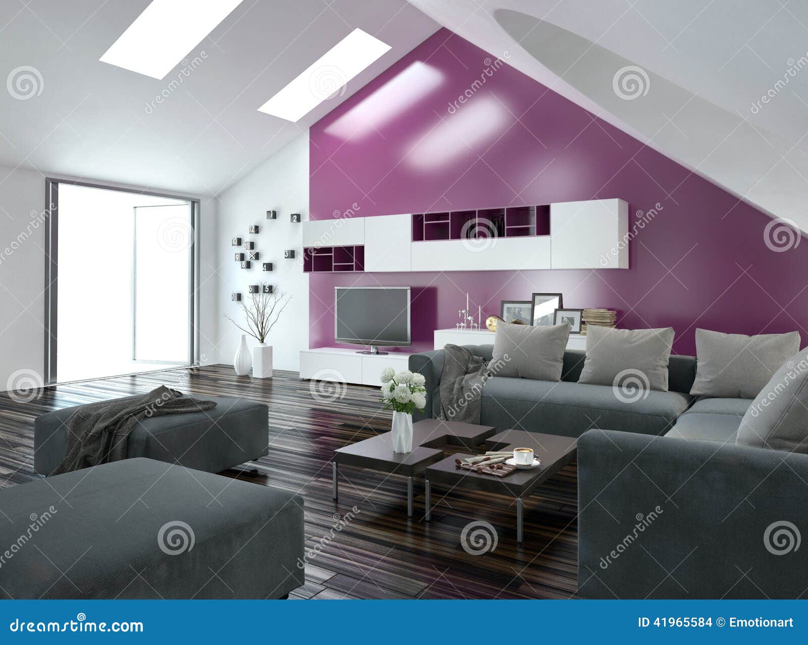 Interior De La Sala De Estar Del Apartamento Con Acento Púrpura Stock
