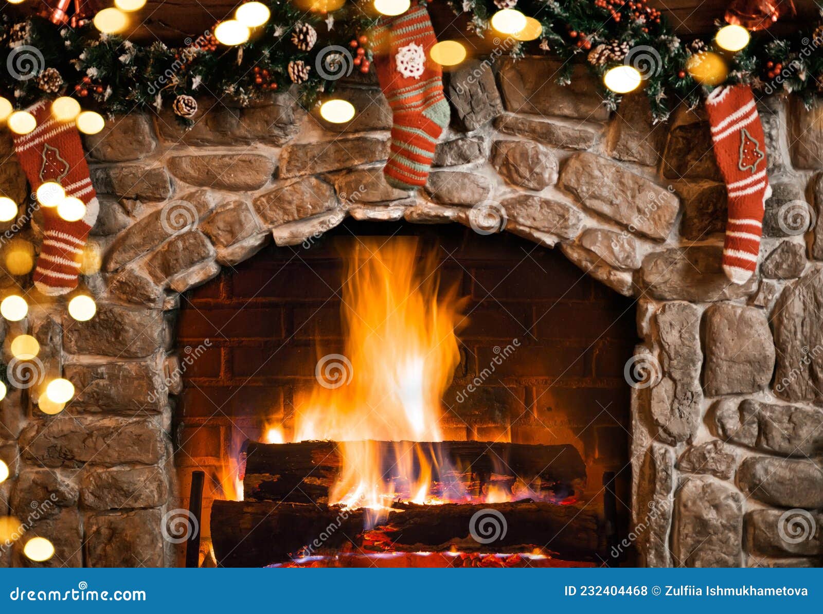 Interior Decorated for Christmas. Fireplace with Socks. Stock Photo