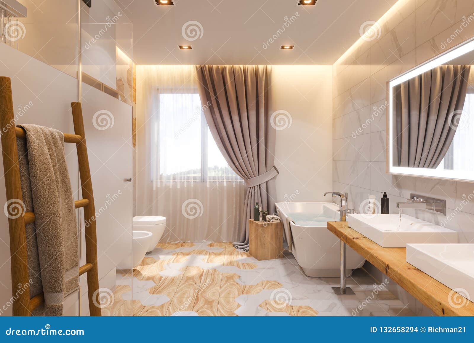 Interior Design Of A Bathroom 3d Illustration In A