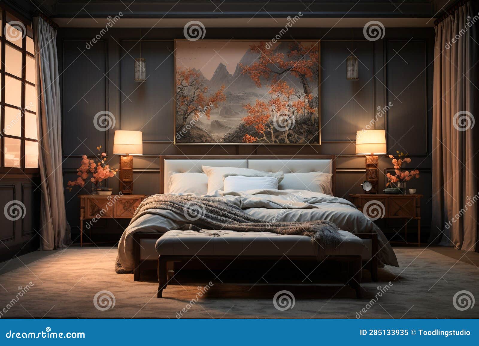 interior  a bedroom with walls dark tone, in the style of photo-realistic compositions. generative ai