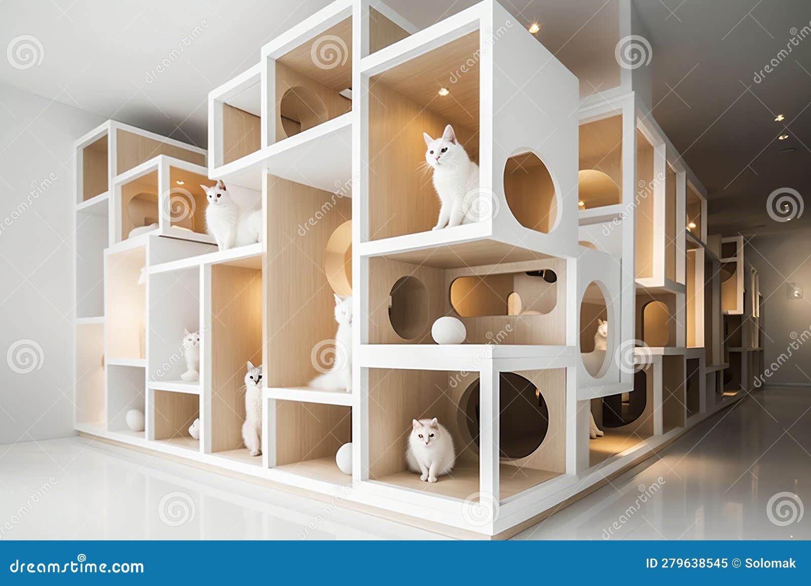Interior Design Cat Hotel for 30 Cats, White Wood. Generative AI Stock