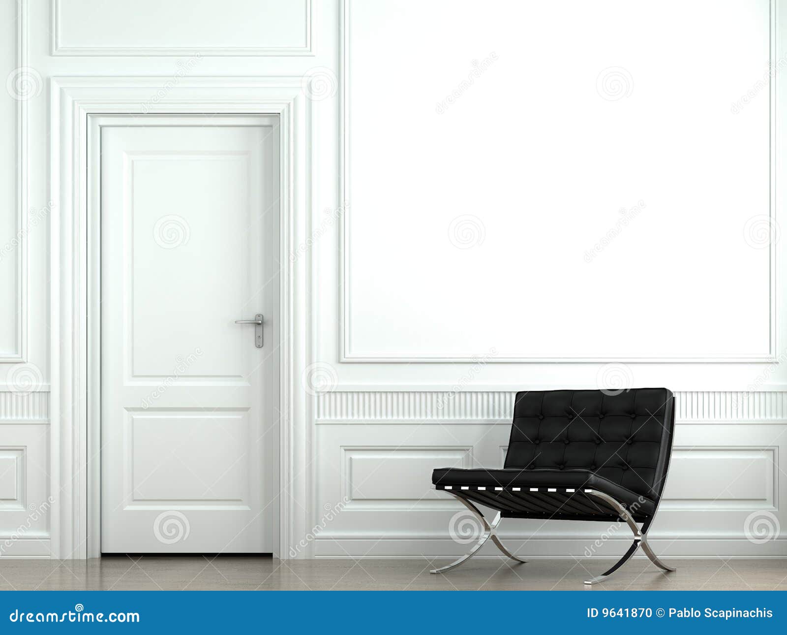 Interior design of classic white room with black barcelona chair.