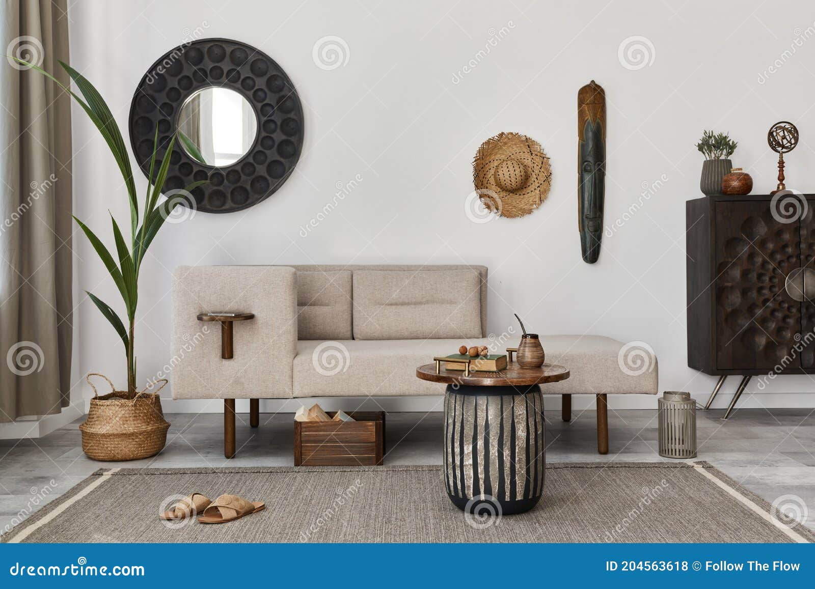 Interior Design Of Ethnic Style Living Room With Modern Commode Round