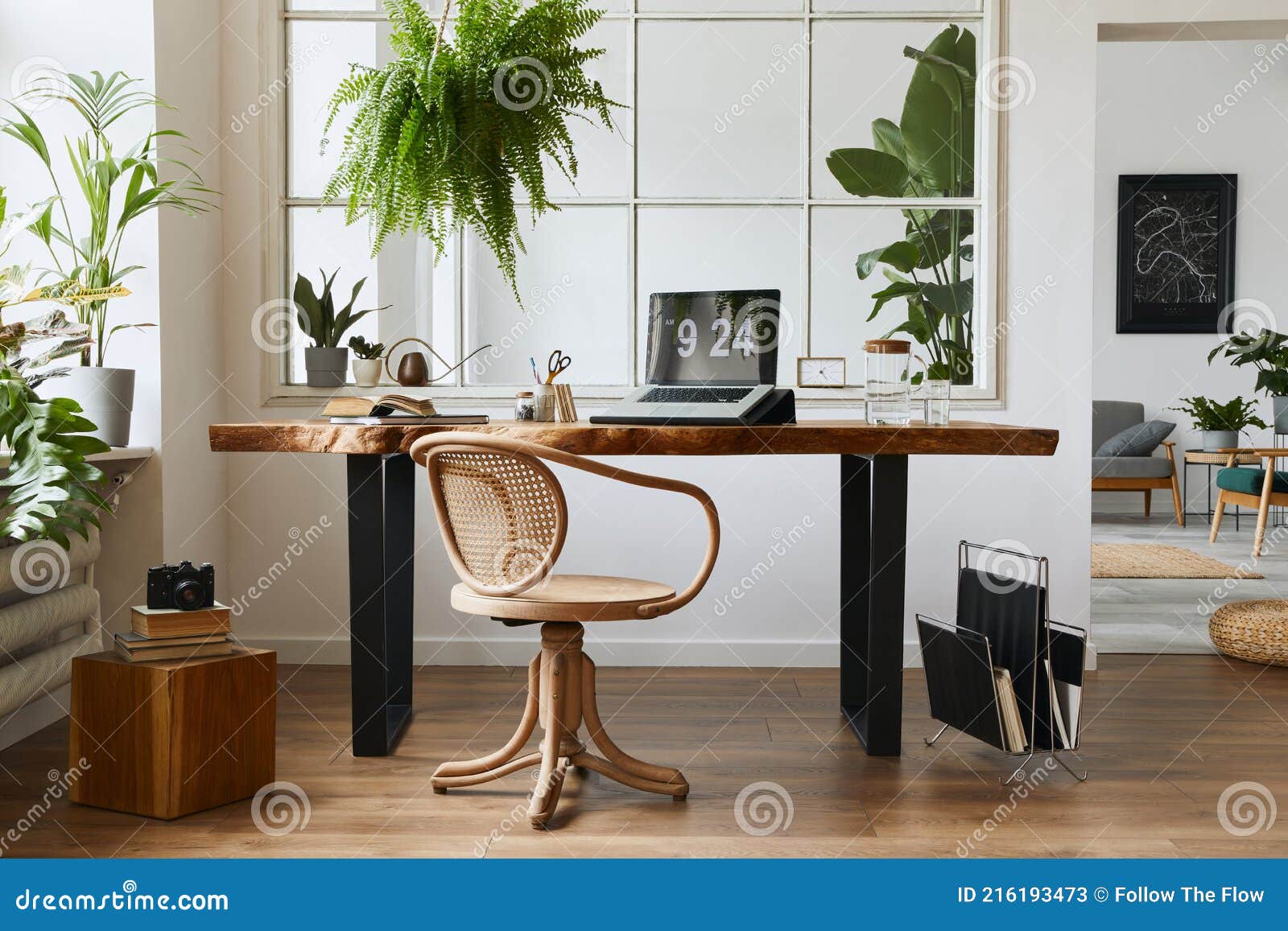 Interior Design Of Home Office Space With Stylish Wooden Desk, Beautiful  Chair, Laptop, Plants, Book. Stock Image - Image Of Decor, Living: 216193473