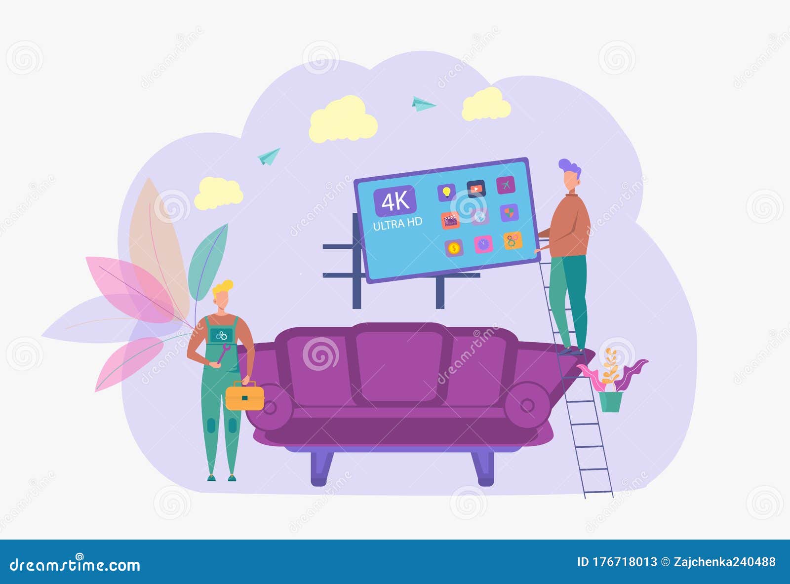 Interior Design, Installation of Home Appliances. Workers Install the TV on the Wall. Colorful Vector Illustration Stock Illustration - Illustration of cooking, maintenance: 176718013 Interior Design, Installation of Home Appliances. Workers Install the TV on the Wall. Colorful Vector Illustration Stock Illustration - Illustration of cooking, maintenance: 176718013