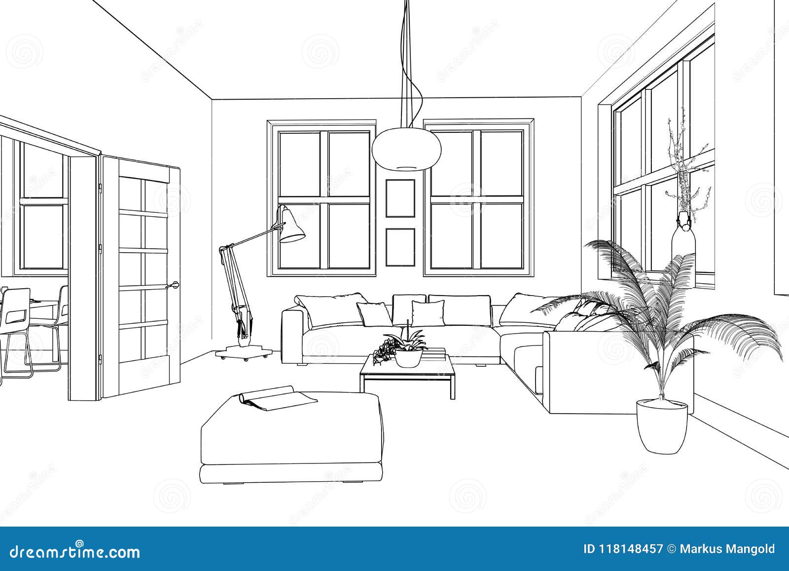 Interior Design Living Room Custom Drawing Stock Illustration Illustration Of Architecture Depiction 118148457