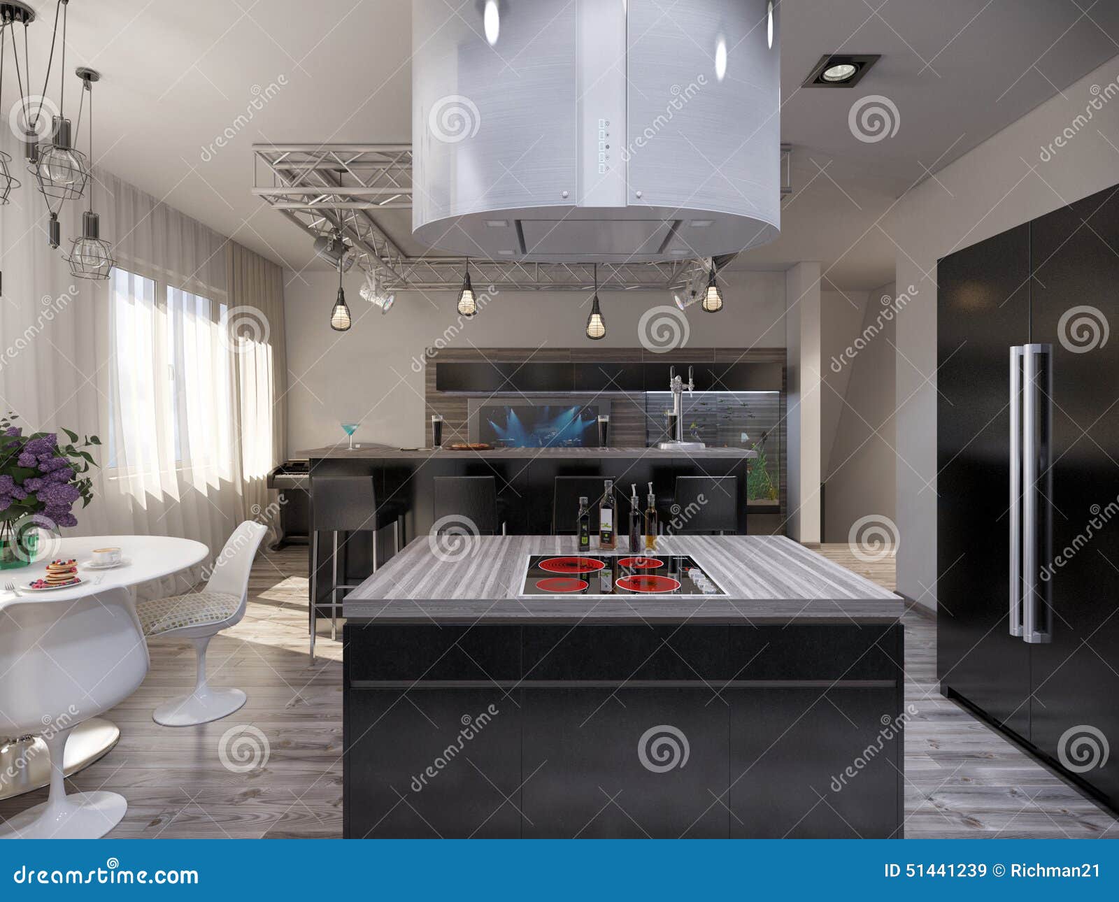 Interior Design Living Room with Kitchen Stock Illustration