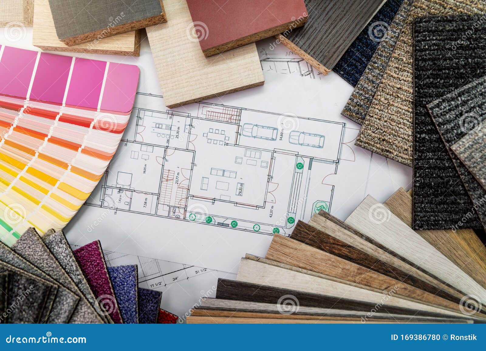 Interior Design Materials And Color Samples With Floor Plan