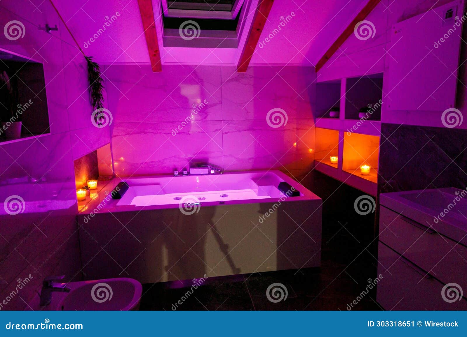 Interior Design of a Modern Bathroom in Pink Neon Light Stock Image