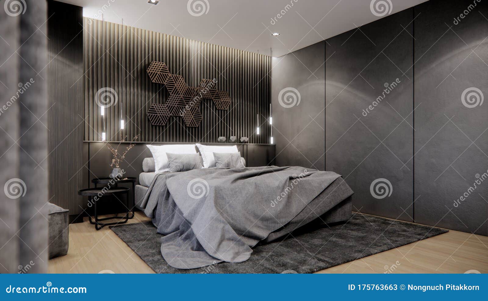 Interior Design of Modern Bedroom with Double Bed and Wood Wall, 3D Render  Background Stock Illustration - Illustration of creative, illusion:  175763663