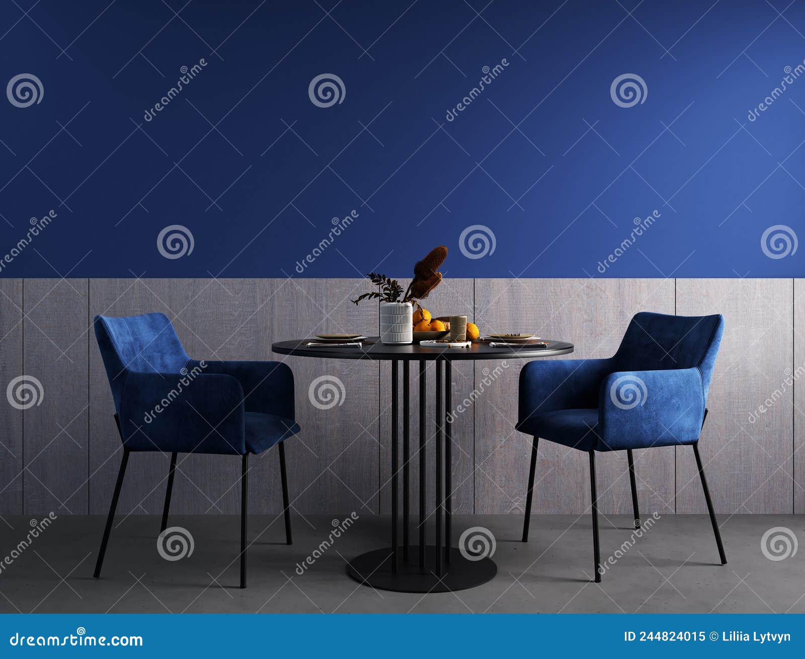 Interior Design of Modern Dining Room, Black Table and Blue Chairs 3d