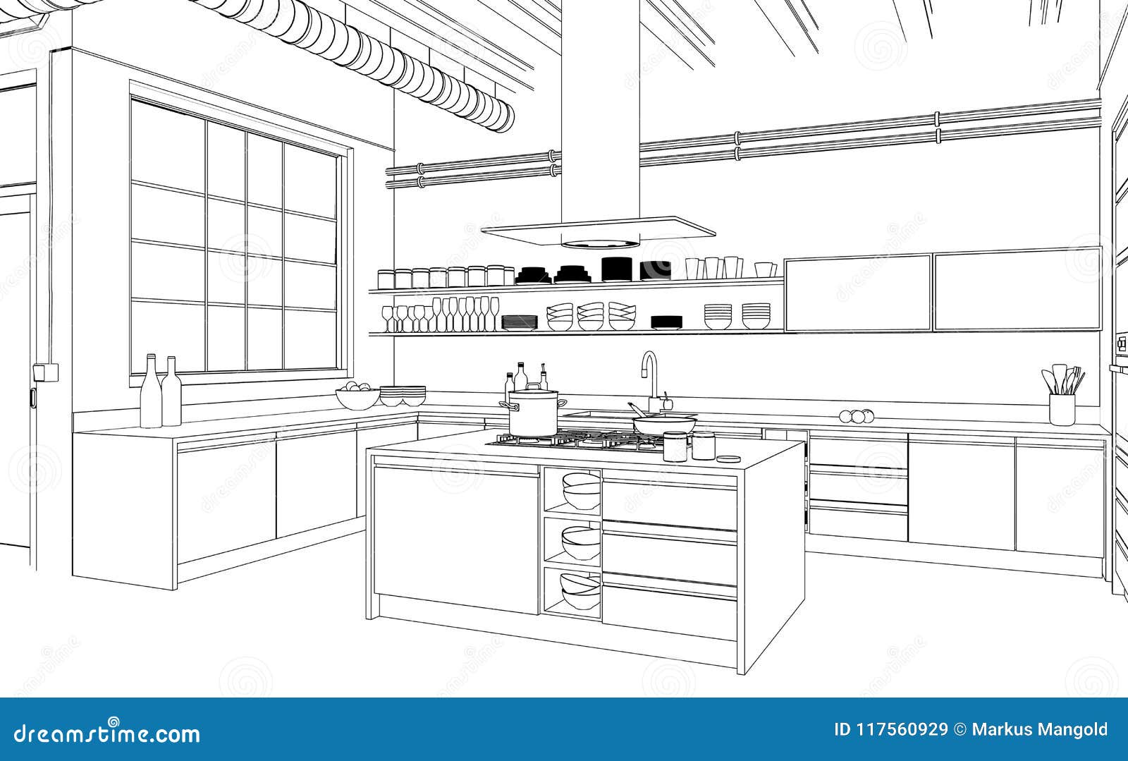 Interior Design Modern Kitchen Drawing Plan D Illustration 117560929 