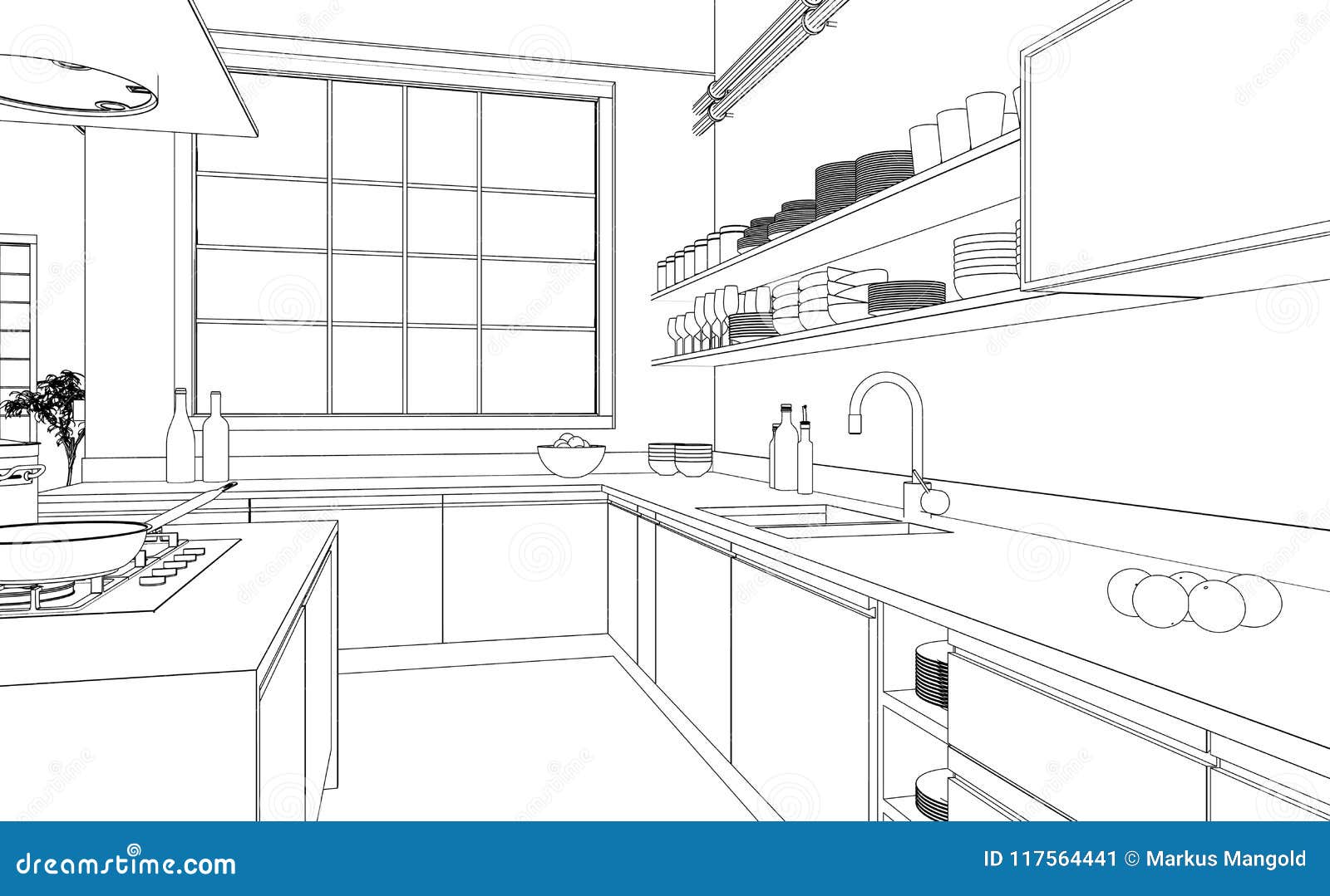 Interior Design Modern Kitchen Drawing Plan D Illustration 117564441 