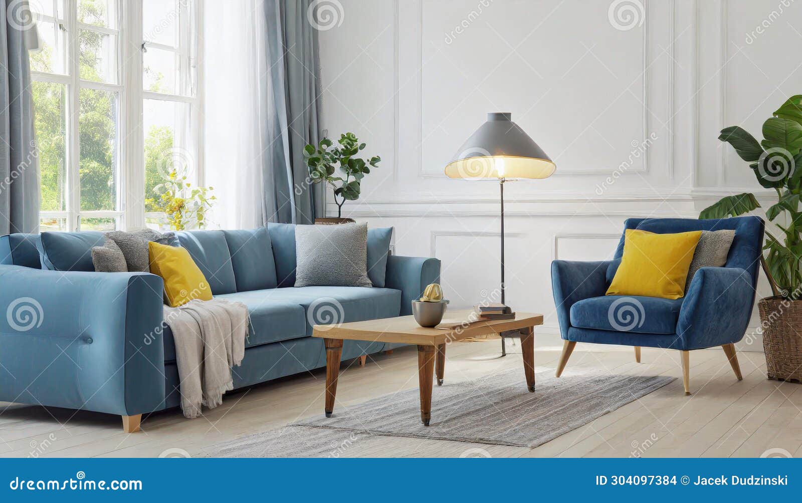 Interior Design of Modern Living Room with Blue Sofas and Gray Armchair