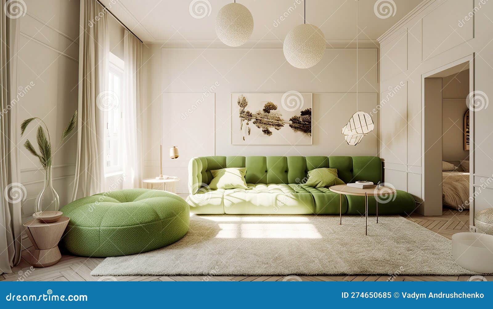 Interior Design of Modern Living Room with Green Sofa. Created with