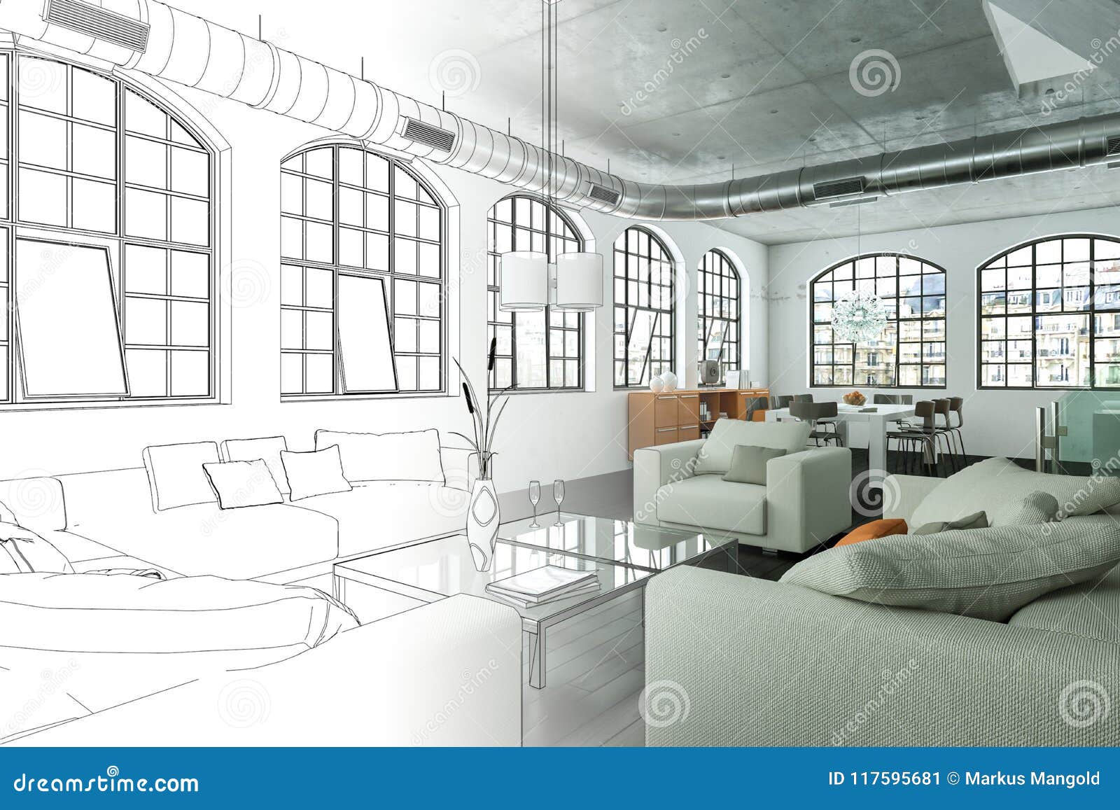 Interior Design Modern Loft Drawing Gradation Into