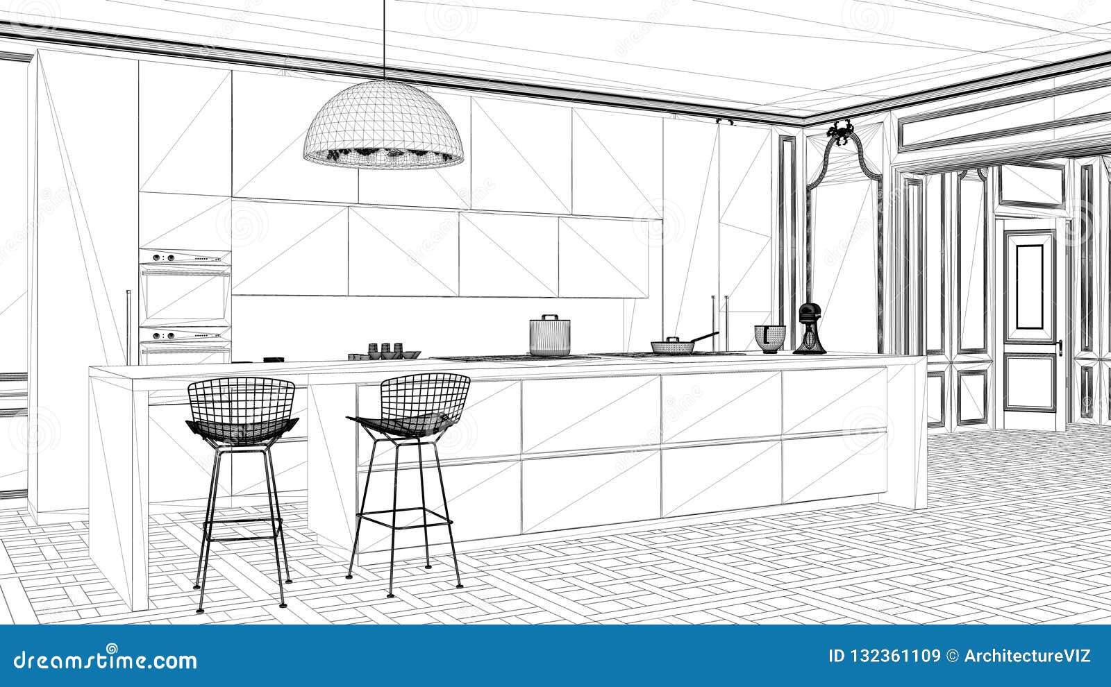 Interior Design Project Black And White Ink Sketch Architecture Blueprint Showing Modern Kitchen In Classic Apartment Cabinets Stock Illustration Illustration Of Black Blueprint 132361109