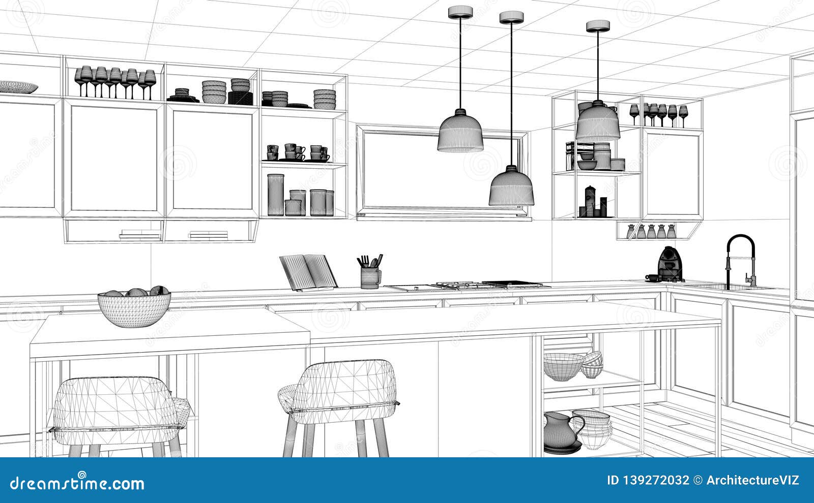 Interior Design Project Black And White Ink Sketch 