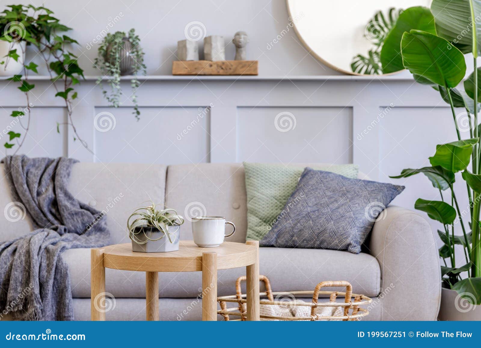 Interior Design Of Scandinavian Living Room With Stylish Grey Sofa
