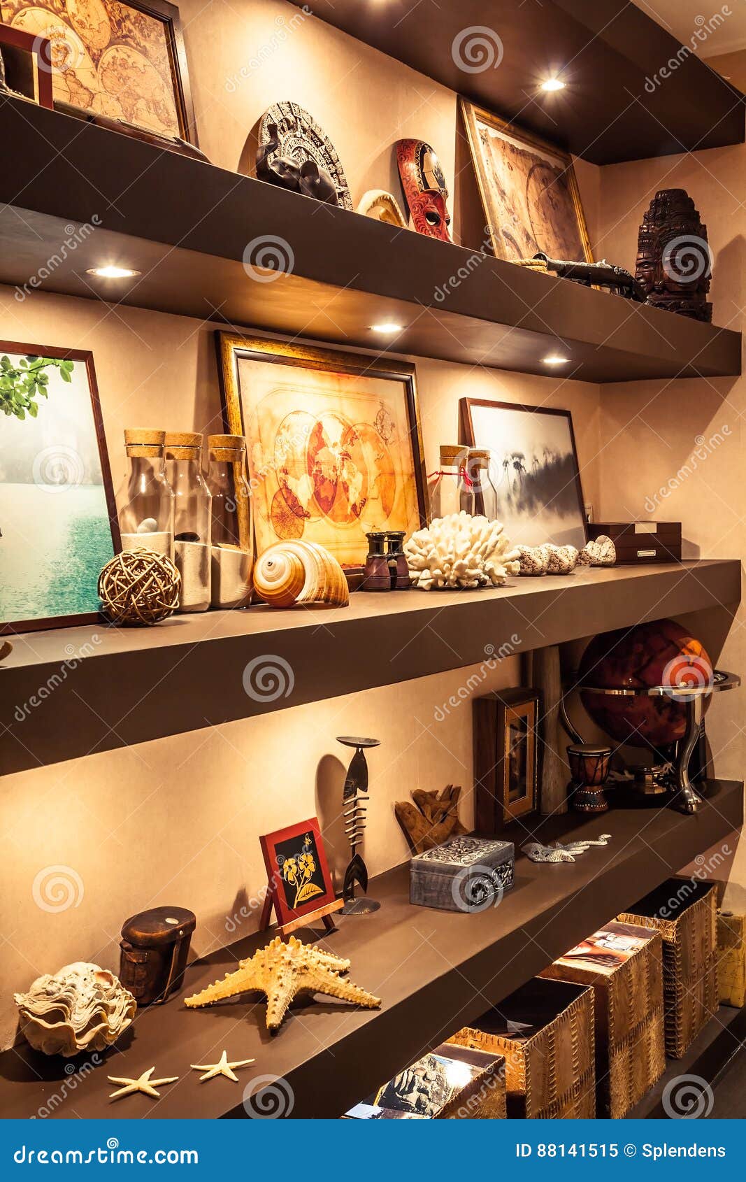 Interior Design Shelves with Travel Souvenirs and Accessories in ...